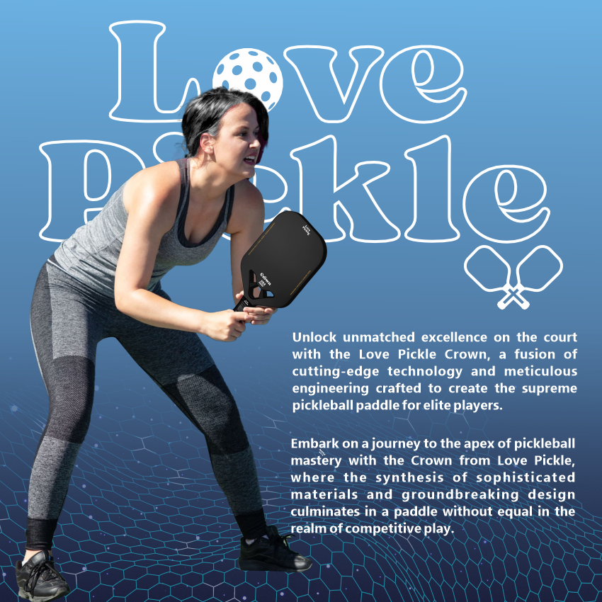 Woman holding a Love Pickle Crown Paddle in playing stance with description