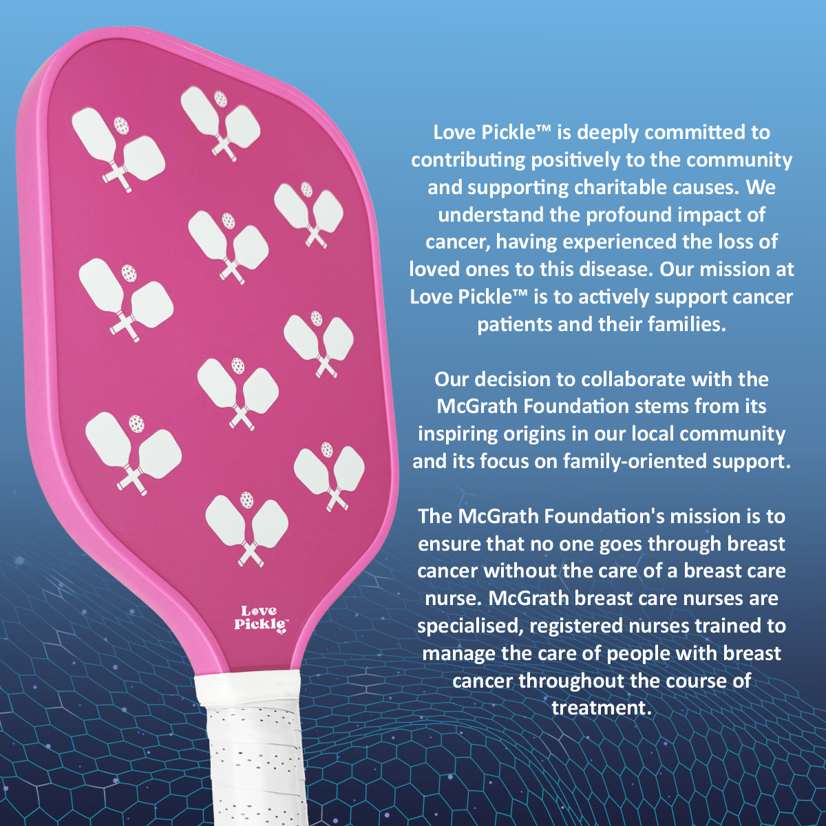 Love Pickle X McGrath Foundation Breast Cancer Pink Charity Paddle with description