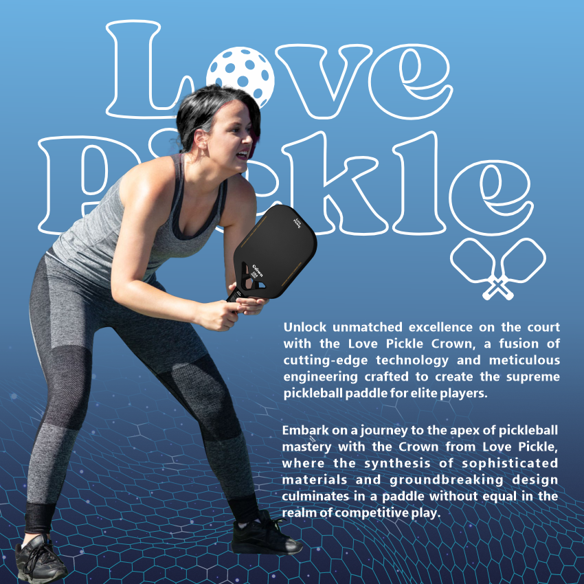 Woman holding a Love Pickle Crown Paddle in playing  stance with description