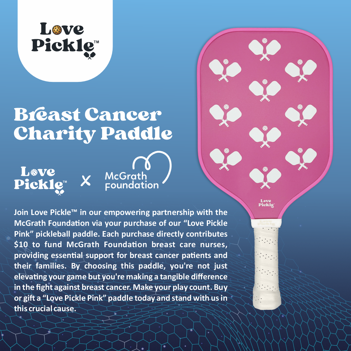 Love Pickle X McGrath Foundation Breast Cancer Pink Charity Paddle with description