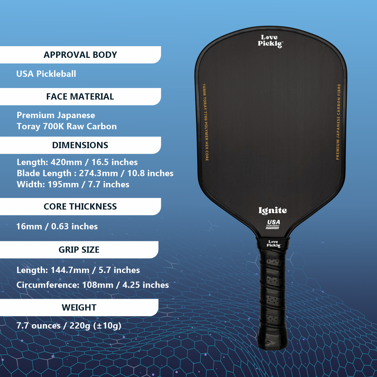 Love Pickle Ignite, The Ultimate Entry-level Pickleball Paddle with dimensions